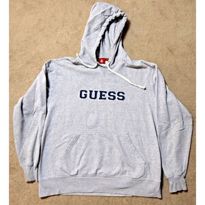 Vintage Guess Sweatshirt Hoodie Mens L Gray Spellout Embroidered USA 90s